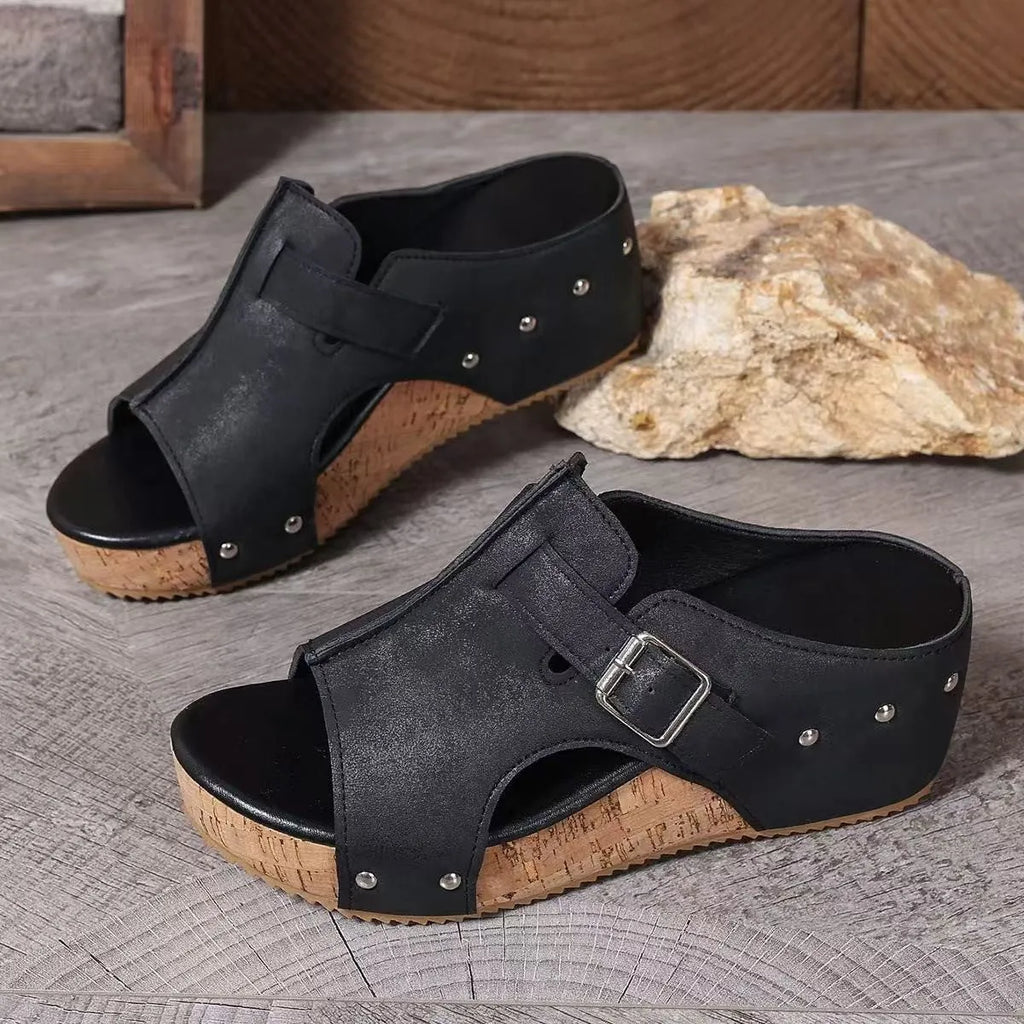 Plus size wedge sandals with rivet detailing, fish mouth toe, in black colour option