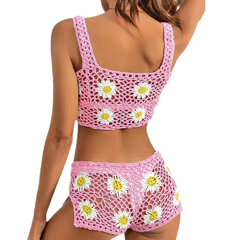 Flower vest bikini swimsuit with hollow yarn fabric in light green and pink colour options
