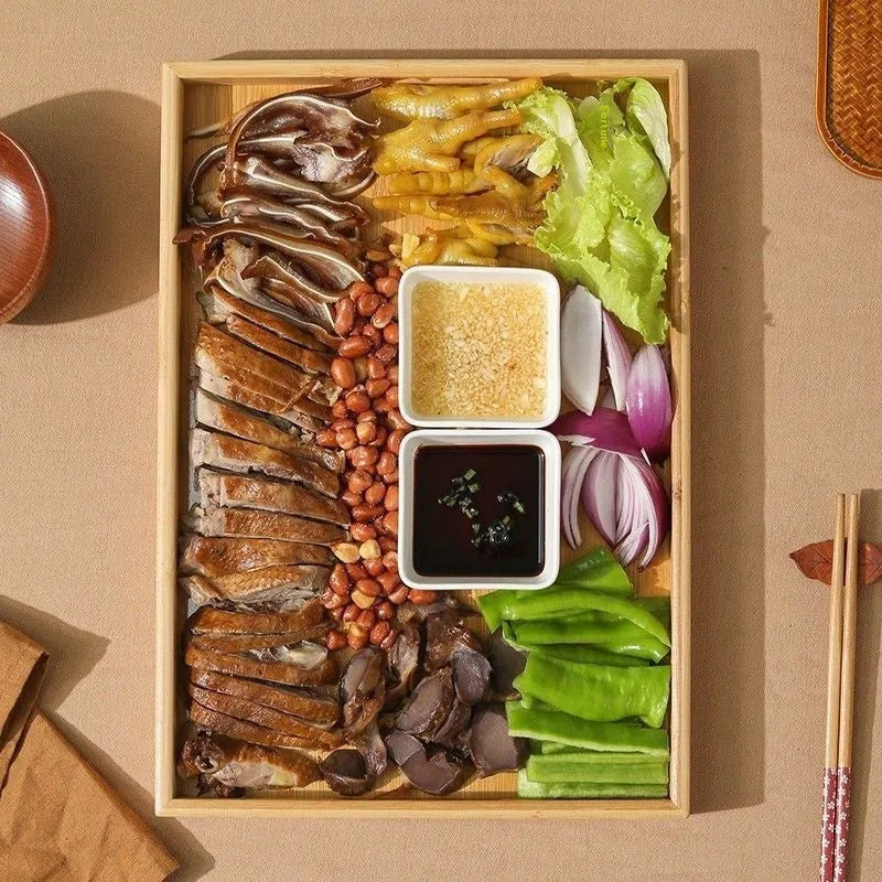 Square bamboo serving tray with brown handles in rustic solid colour for catering use