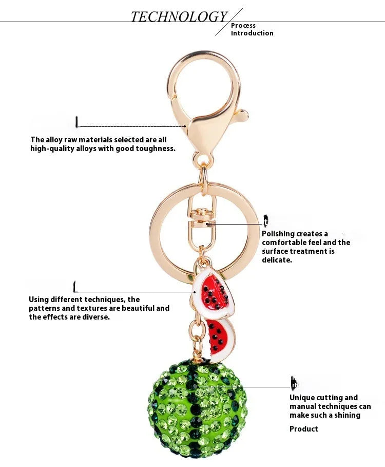 Green zinc alloy watermelon-shaped keychain with metal chain, 12cm size