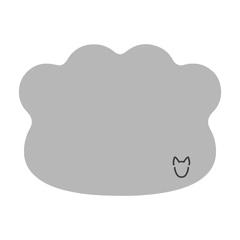 Ice silk dog cooling mat with dog head pattern in light grey on a wooden floor