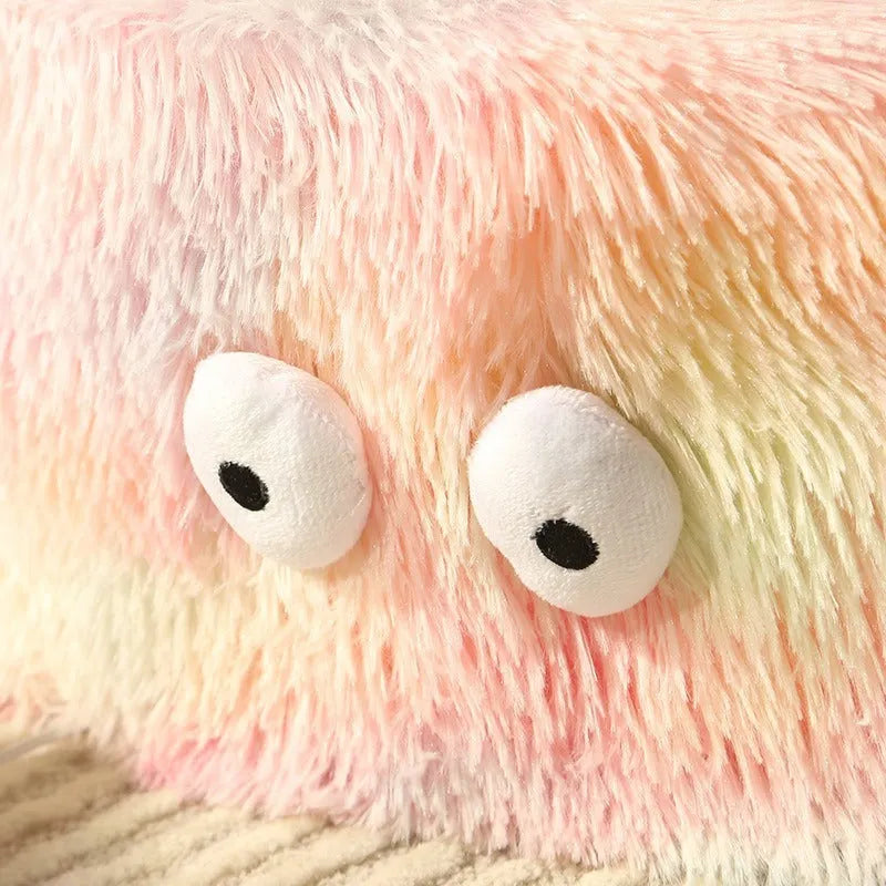 Round plush cat bed with cute small monster face pattern in green colour suitable for dogs and cats
