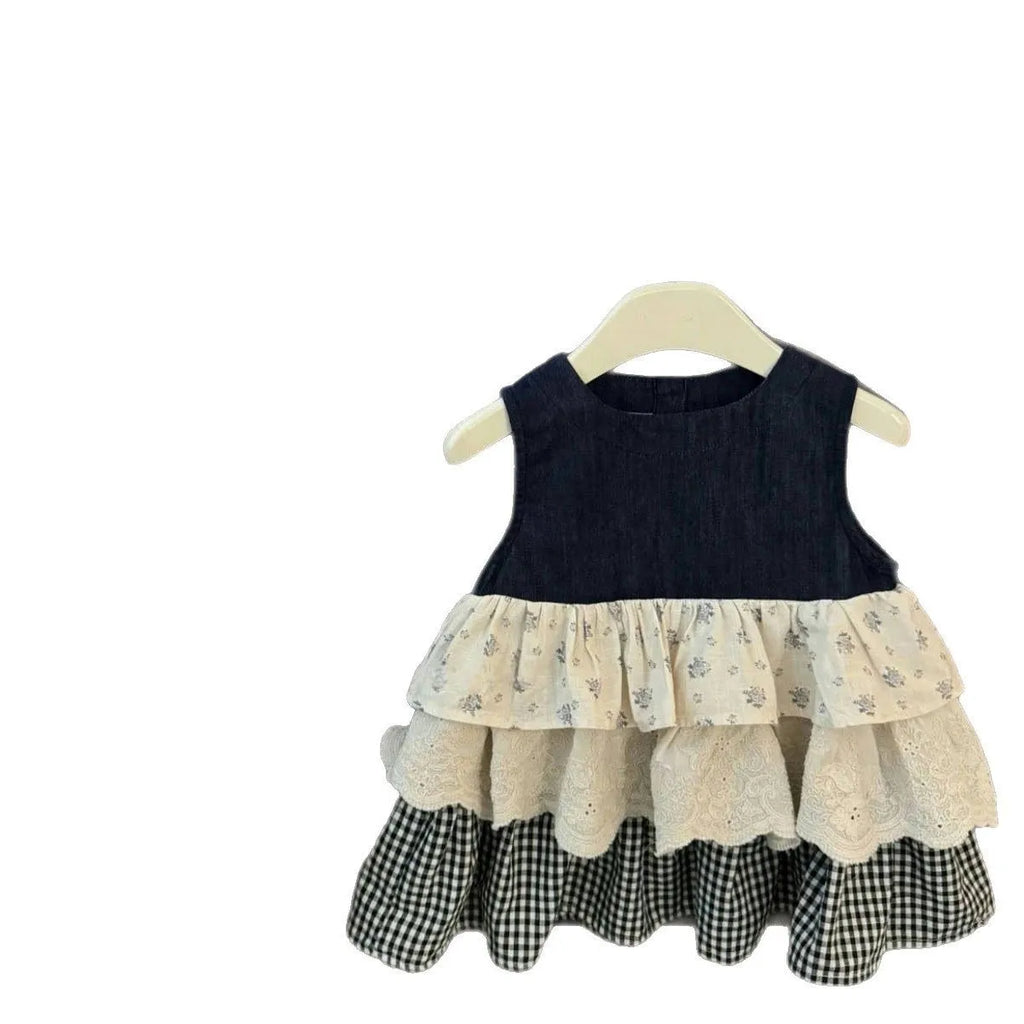 Sleeveless cotton denim skirt bandage cake dress for girls, solid colour with plaid stitching, available in 90-140 yards