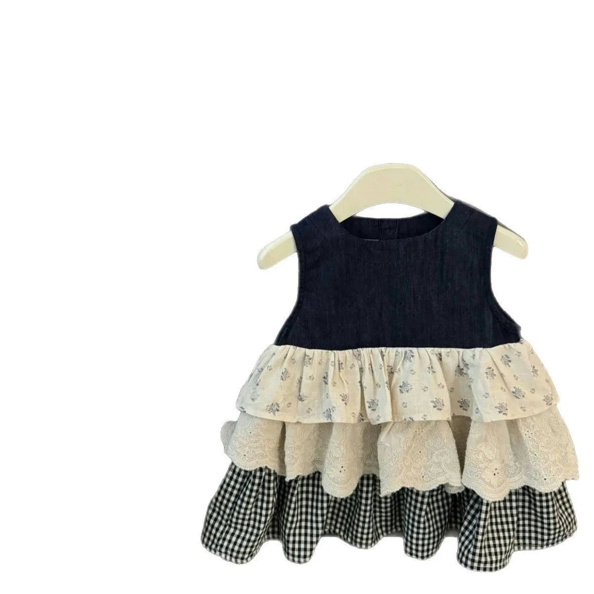 Sleeveless cotton denim skirt bandage cake dress for girls, solid colour with plaid stitching, available in 90-140 yards