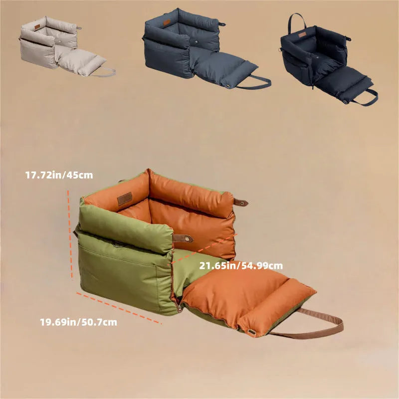 Green waterproof PU dog car nest with removable cover, shown on a car seat, dimensions 55x50x45cm.
