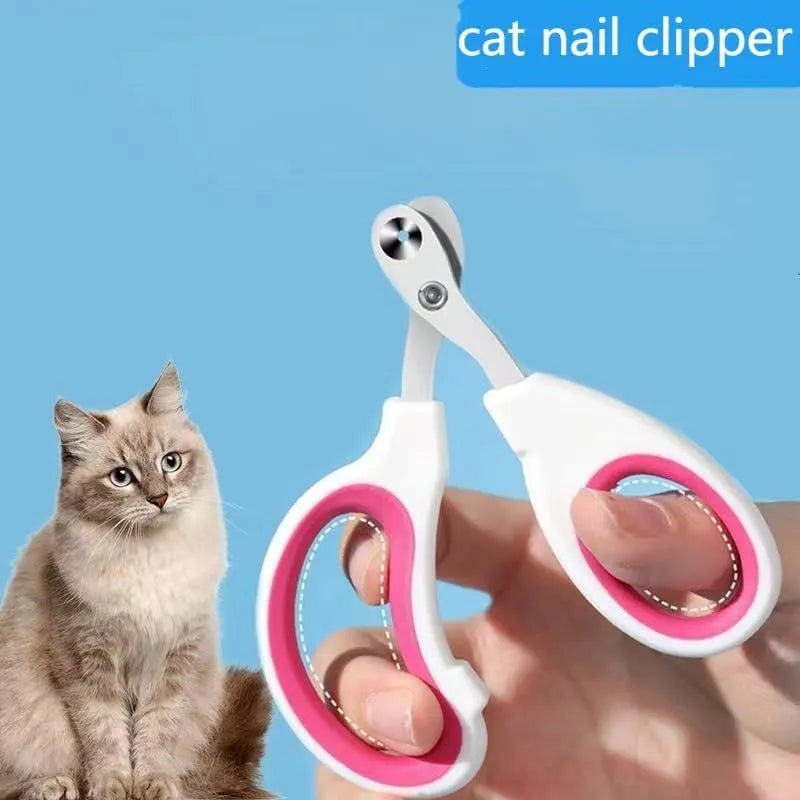 Blue pet nail clippers with a circular cutting hole and non-slip handle for trimming cat nails.