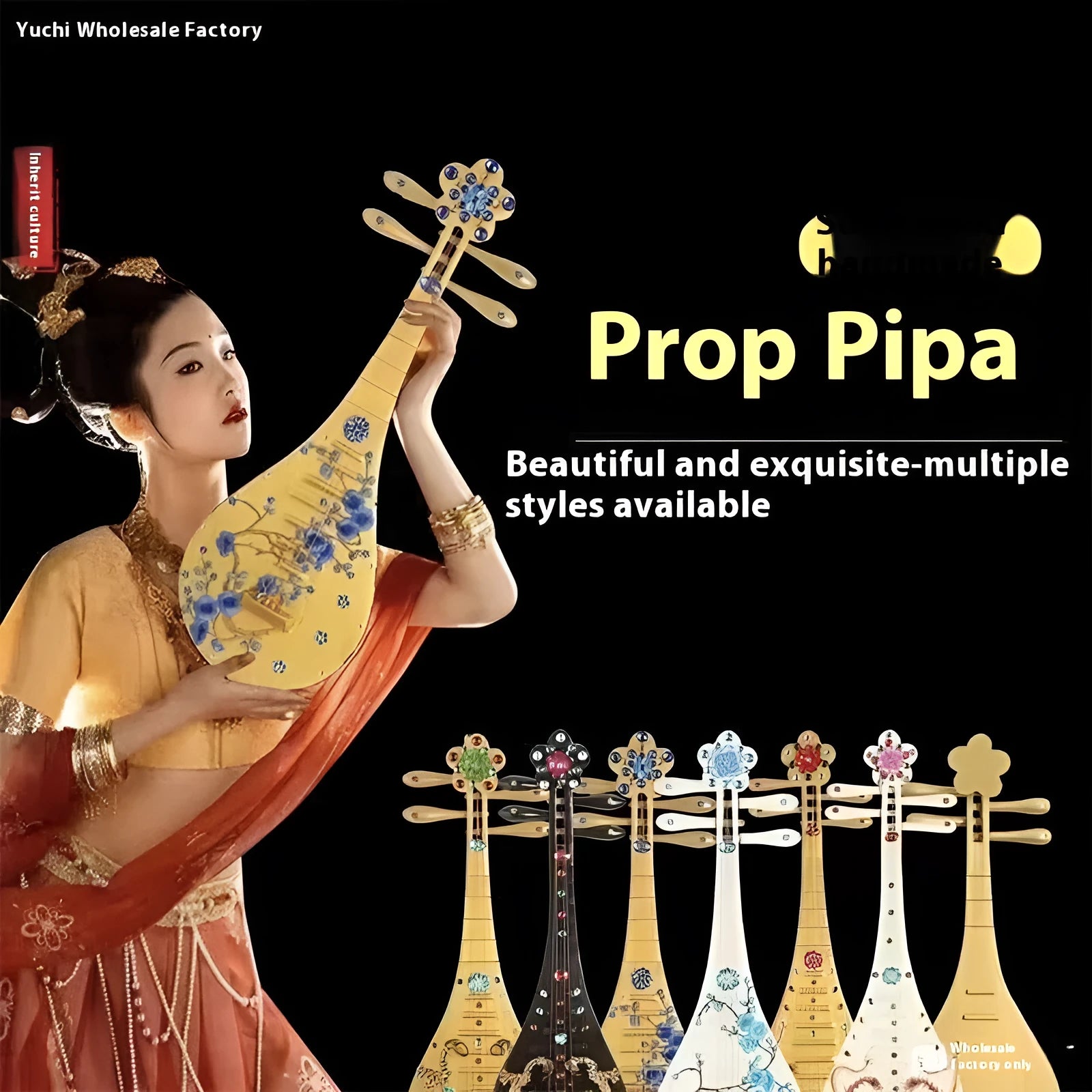 Golden Double Phoenix simulation plastic pipa prop 64.5cm with handmade stickers for Dunhuang dance