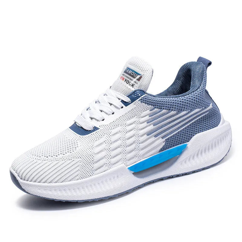 Men's blue casual sports mesh shoes with cloth upper and round toe on injection moulded sole