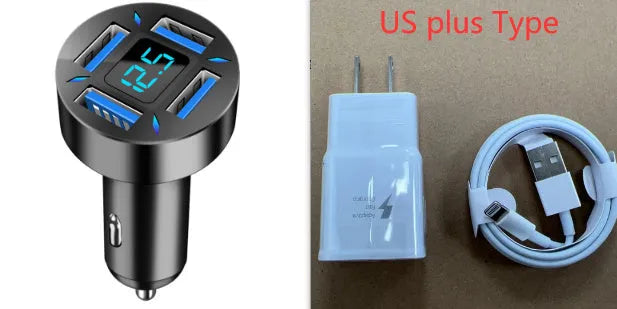 Four-port USB car charger with LED digital display, shown plugged into a vehicle socket.