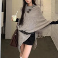 Women's casual triangular shawl cape in cashmere blend fabric with tassel detailing