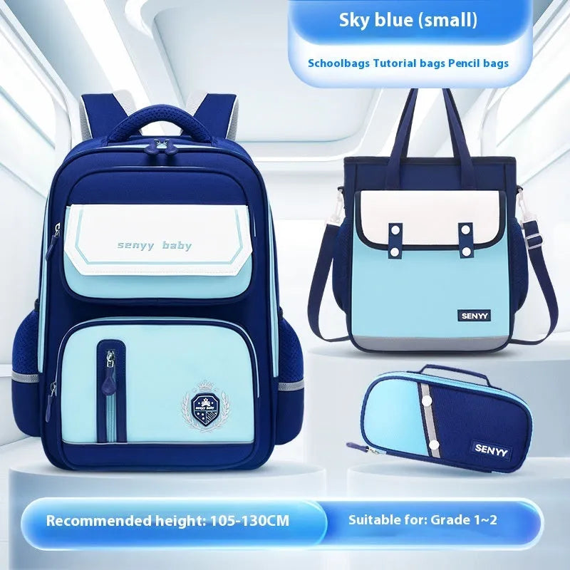 Children's spine protector backpack in blue, made of water-repellent Oxford cloth, size 38x30x15cm