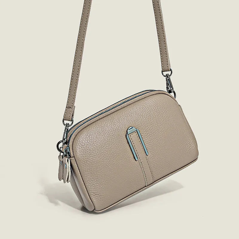 Minimalist crossbody bag in top-grain leather, horizontal square shape, spliced design, khaki colour