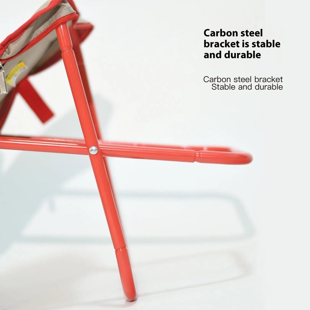Lightweight foldable outdoor camp stool in Oxford cloth, shown folded and unfolded in khaki colour.
