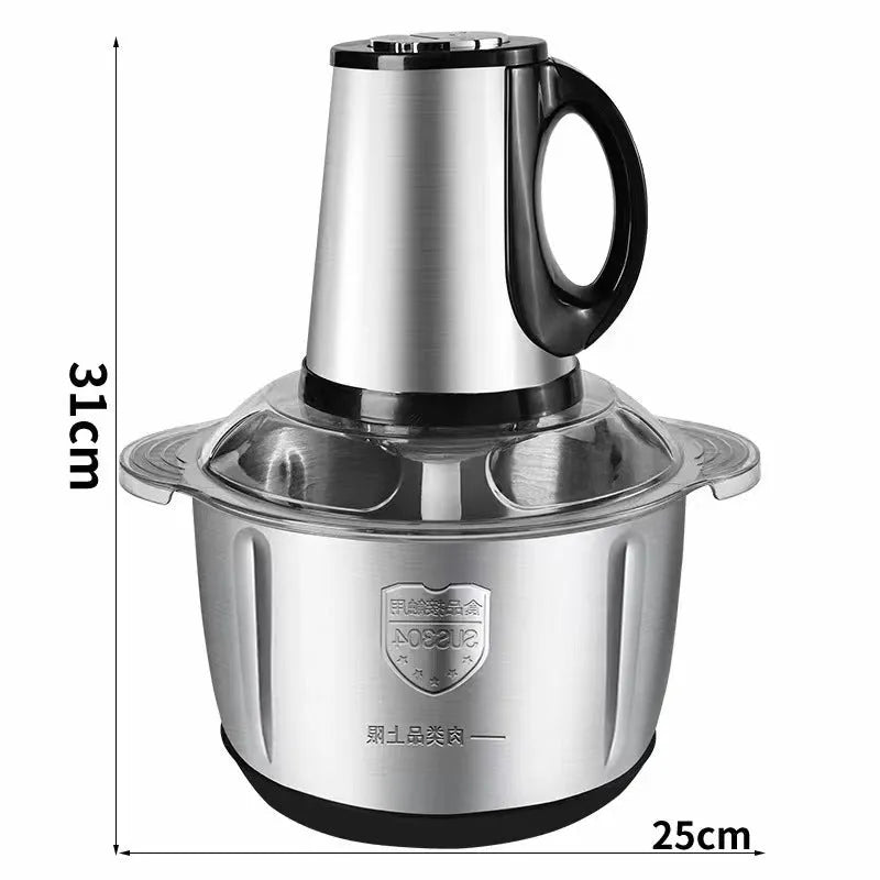 Stainless steel meat grinder with 2L capacity bowl and two knife sets
