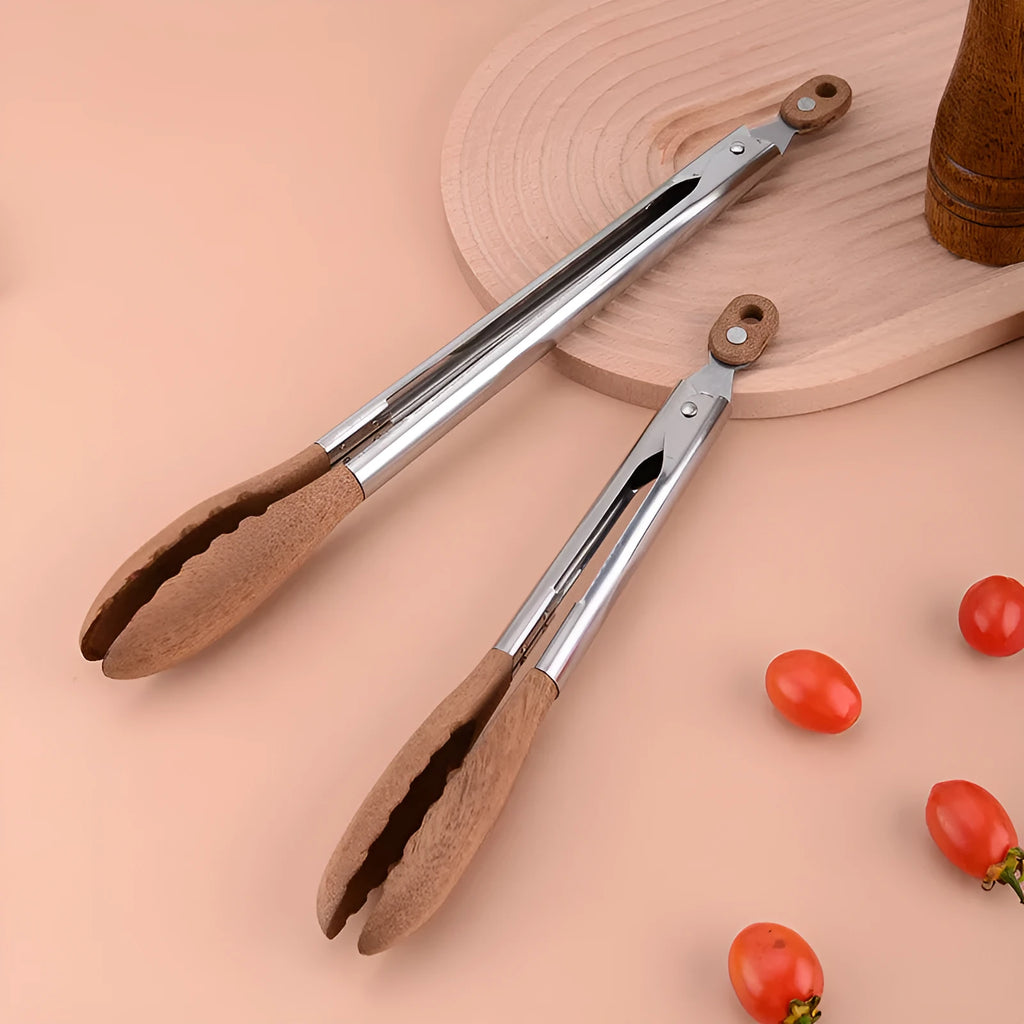 Stainless steel food tong with wood handle in walnut or acacia, 9 or 12 inch size option