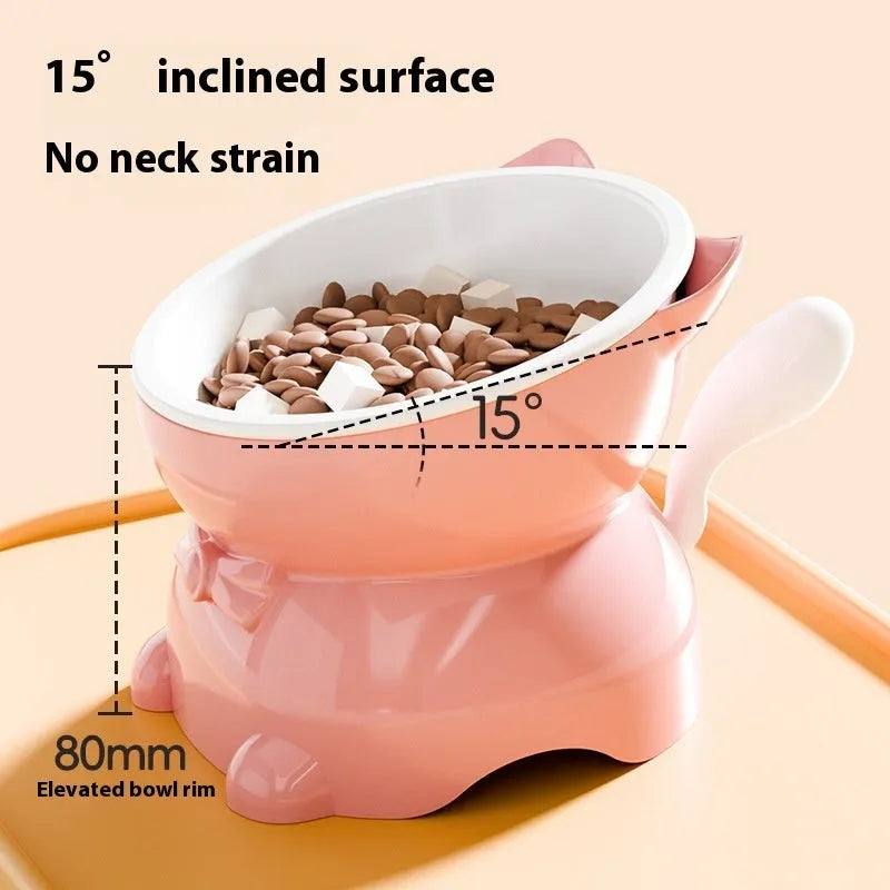 Stainless steel oblique anti-fall cat bowl with weighted base and silicone non-slip ring in blue.