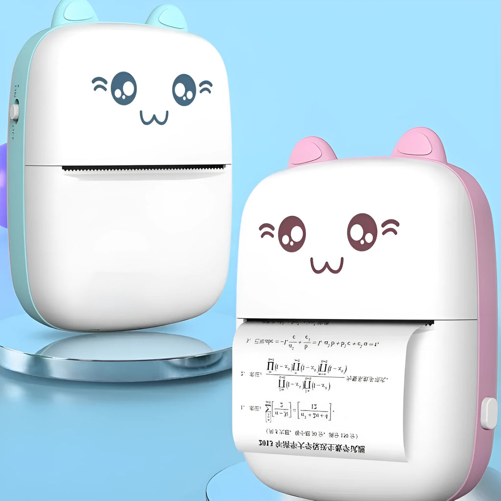 Mini Bluetooth thermal printer in pink with paper roll and phone app interface
