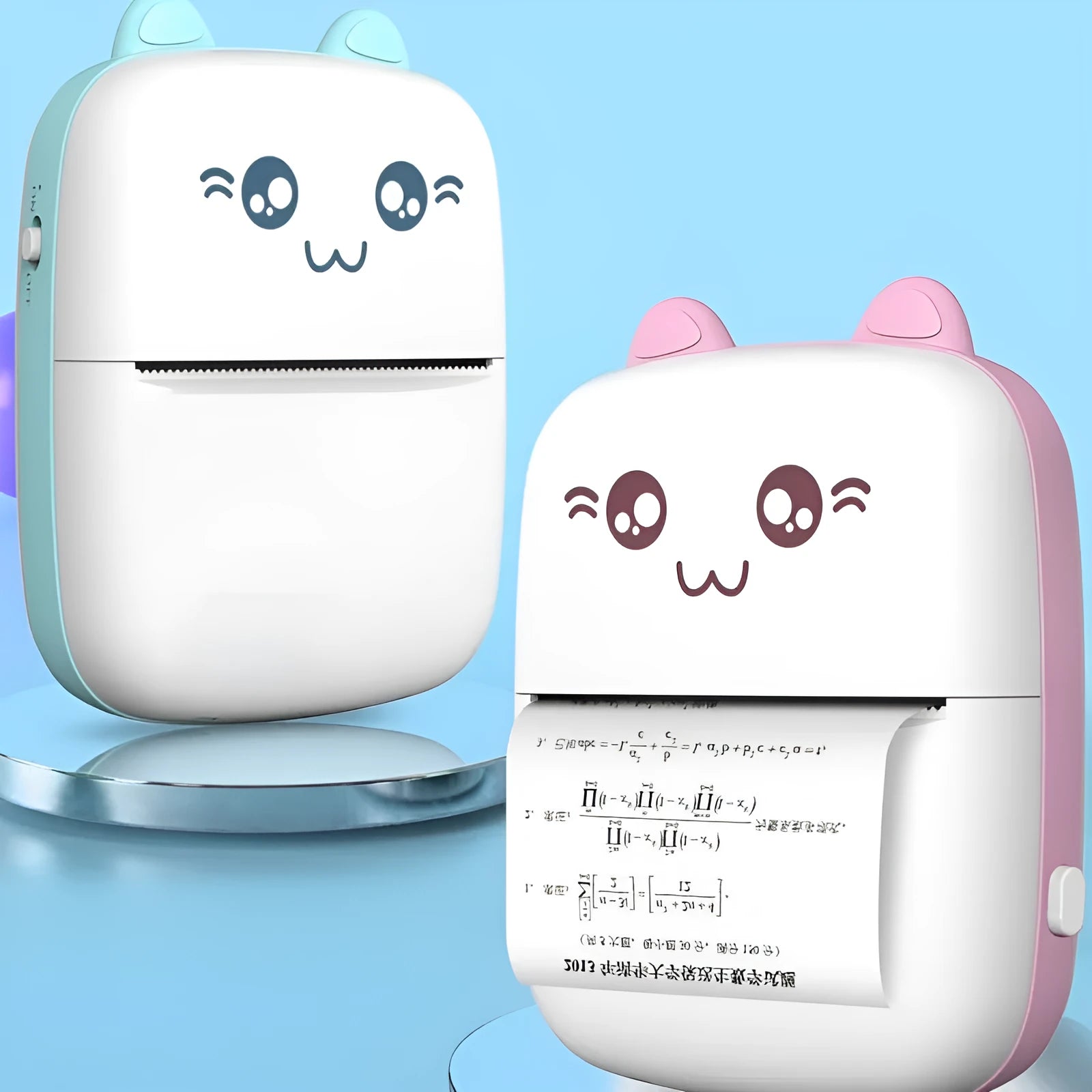 Mini Bluetooth thermal printer in pink with paper roll and phone app interface