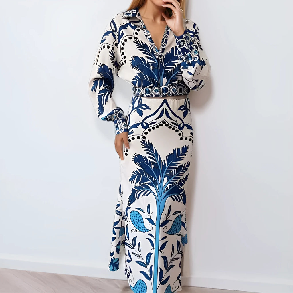 Women's floral print co-ord set with long sleeve top and matching long skirt trousers