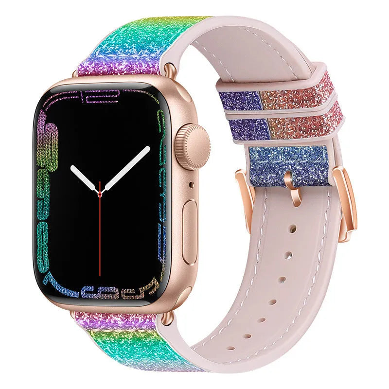 Diamond-encrusted double-sided allochroic silica gel strap for Apple Watch 38-49mm in rainbow colour