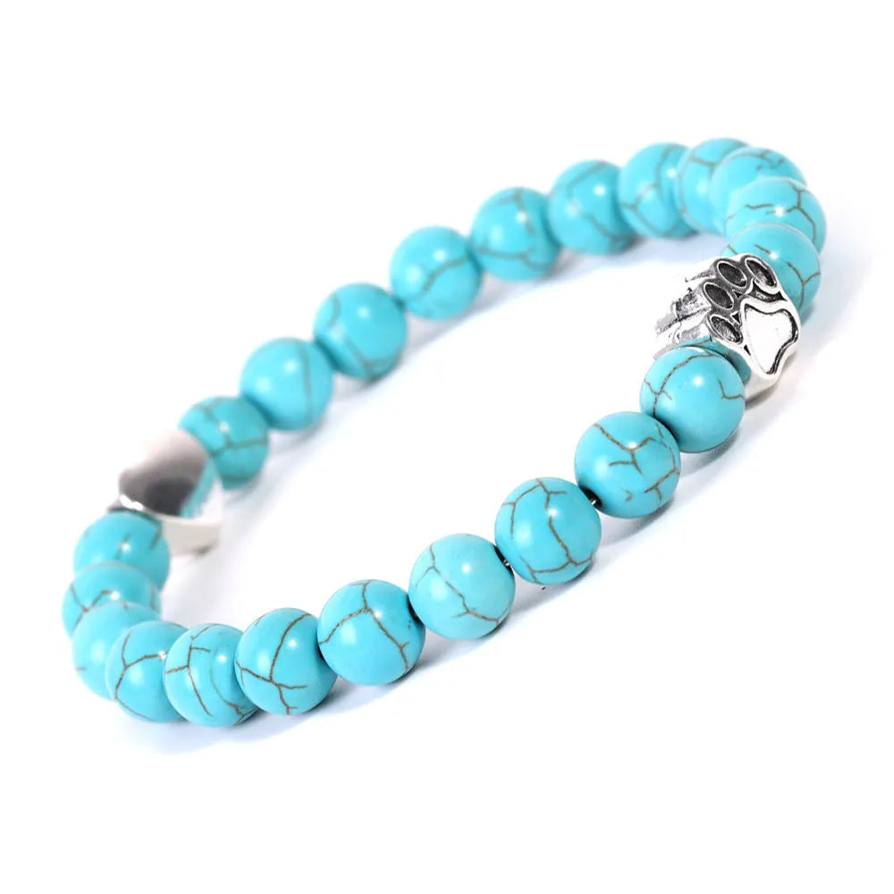 Tigereye and Indian agate stone bead bracelet with dog paw and love heart geometric charms