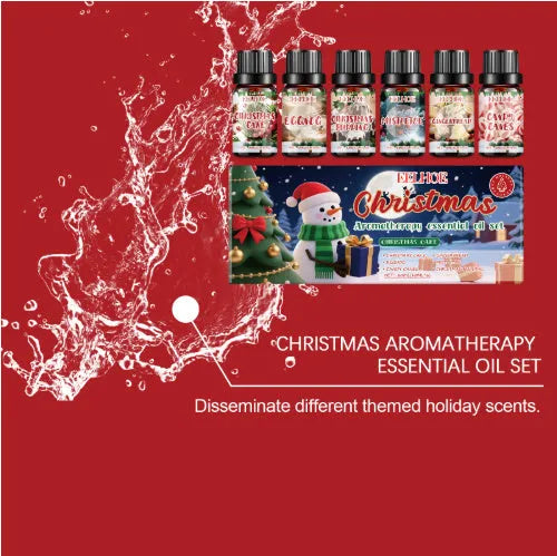 Christmas aromatherapy oil set showing six 60ml bottles for festive home fragrance