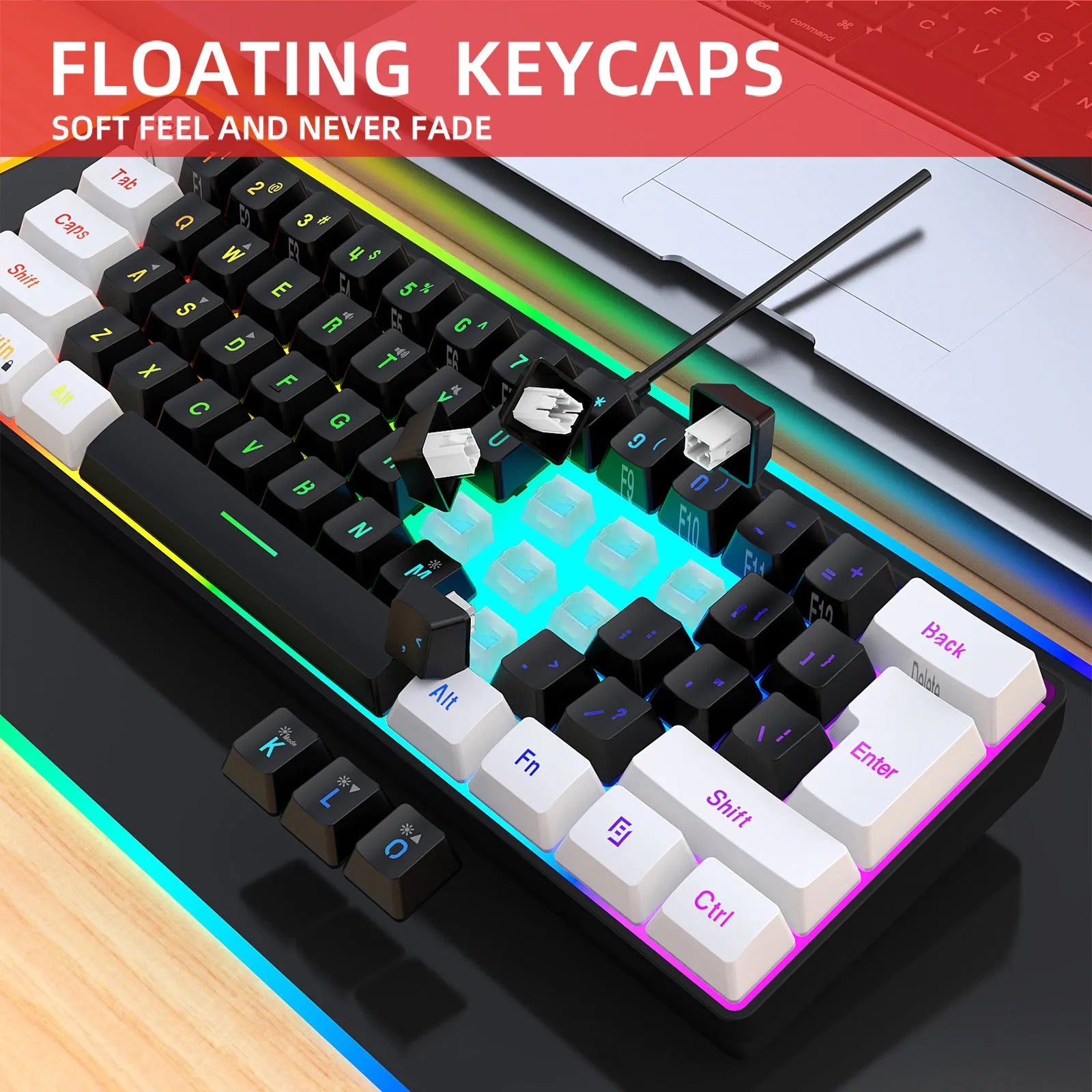 Compact 61-key wired membrane keyboard in white and black colour with 1.7 metre USB cable