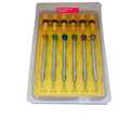 Set of six colour-coded aluminium handle screwdrivers and a meter tool for watch repair.
