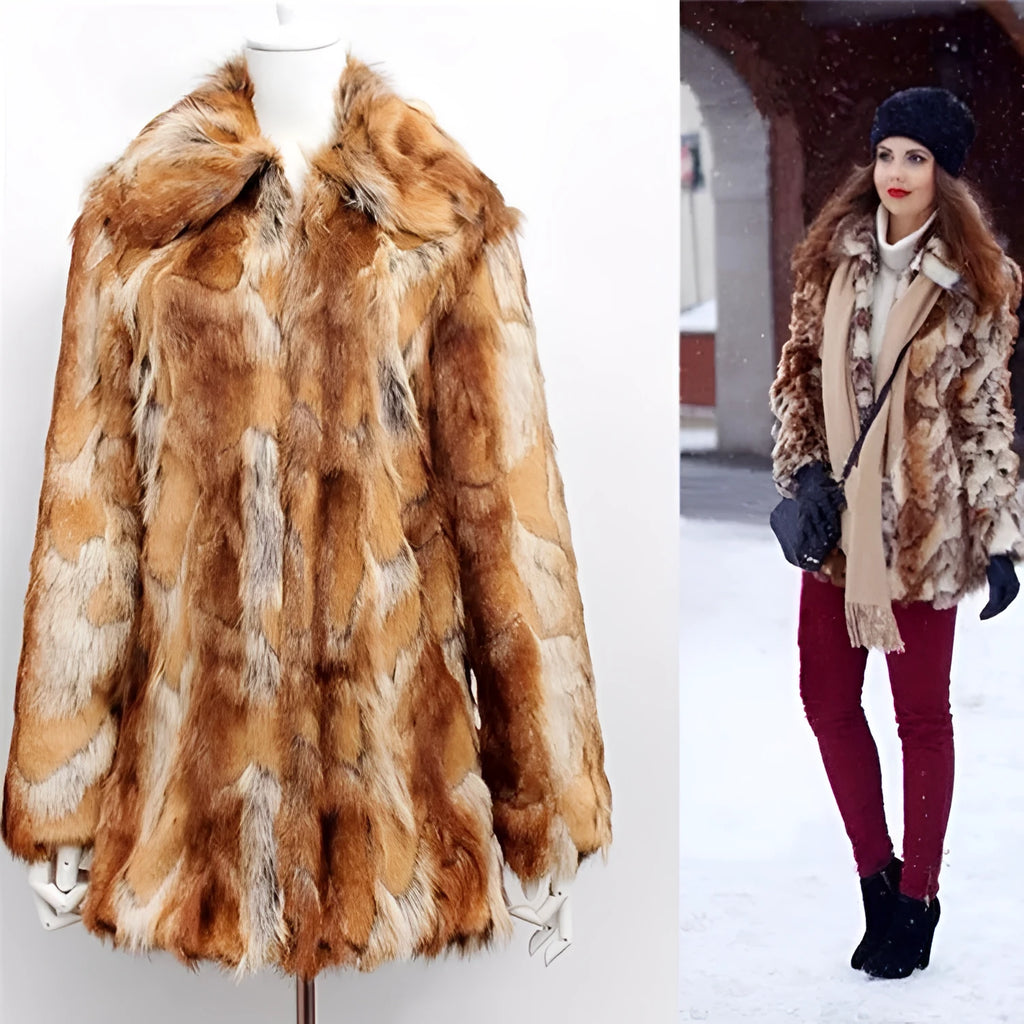 Women's tiger print faux fur jacket with regular long sleeves and medium 65cm length