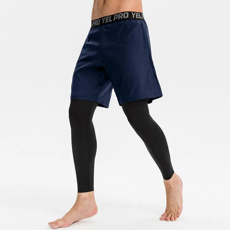 Man wearing grey quick-drying high elastic tight fitness pants for running or gym workout.