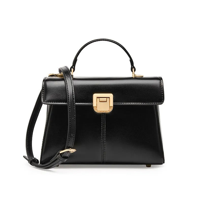 Women's genuine leather shoulder bag in horizontal square design with cover opening