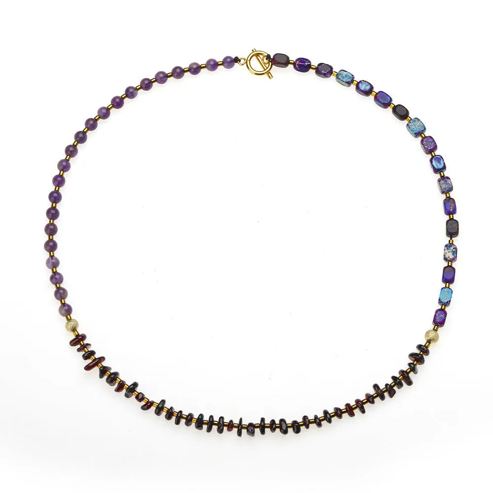 Natural amethyst round beads stone bracelet with garnet, purple colour, geometric shape, unisex style