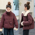 Lamb wool large lapel Korean style casual thickening coat with fur collar for women, solid colour, beige