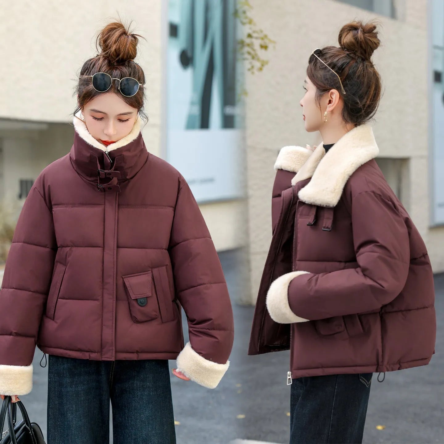 Lamb wool large lapel Korean style casual thickening coat with fur collar for women, solid colour, beige