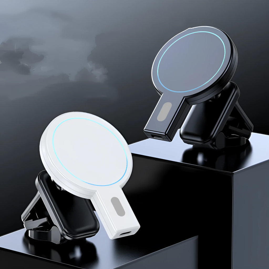 Magnetic wireless charger in black with PD fast charging support and compact design