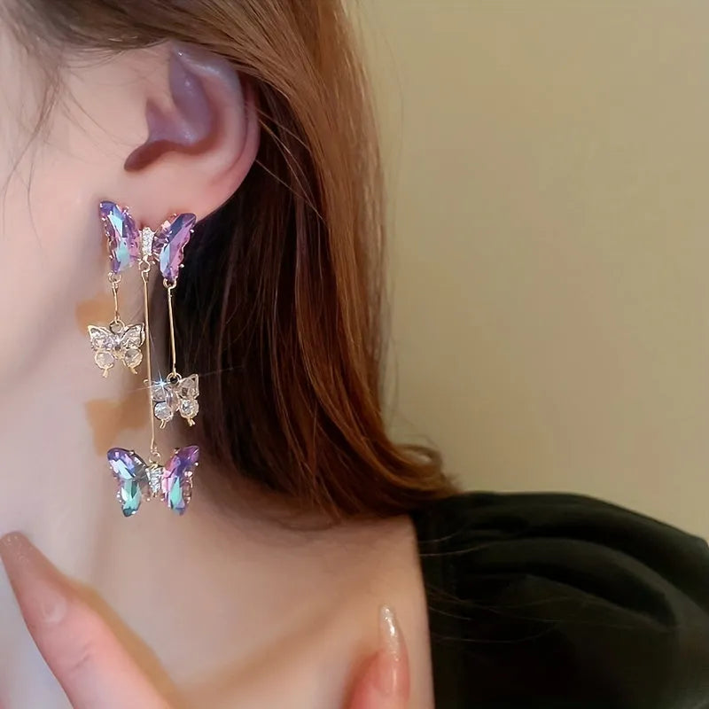 Blue purple butterfly tassel earrings with silver needle crystal flowers, approximately 8 cm drop length