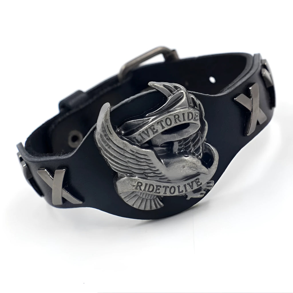 Black leather alloy eagle watch-band bracelet with geometric patterning
