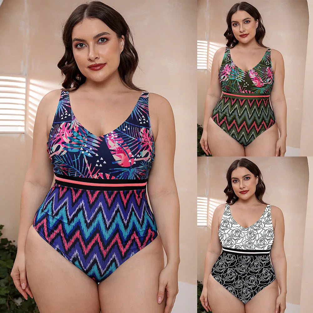 Women's one-piece striped spaghetti strap swimsuit with printed patterns in blue, white, and green options.