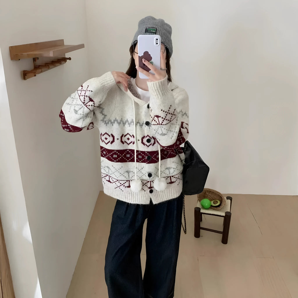 Women's geometric pattern brocade sweater coat in milky white loose fit plus size