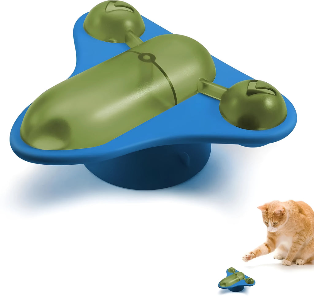 Interactive pet puzzle toy with suction cup base, central snack compartment, bell, and catnip insert