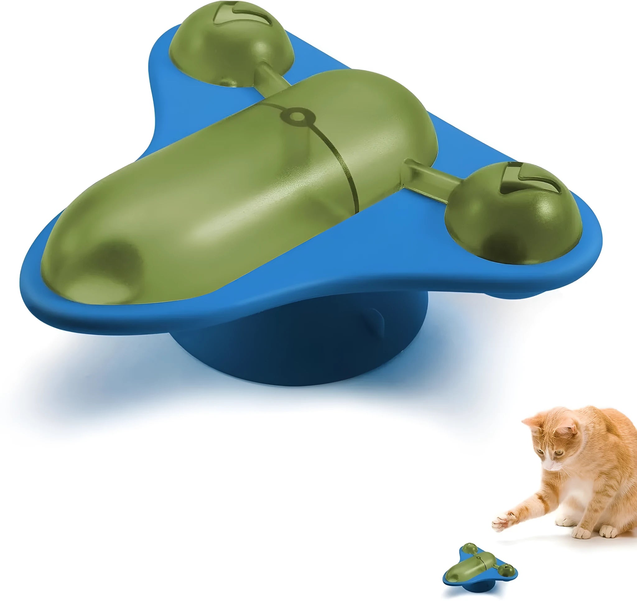 Interactive pet puzzle toy with suction cup base, central snack compartment, bell, and catnip insert