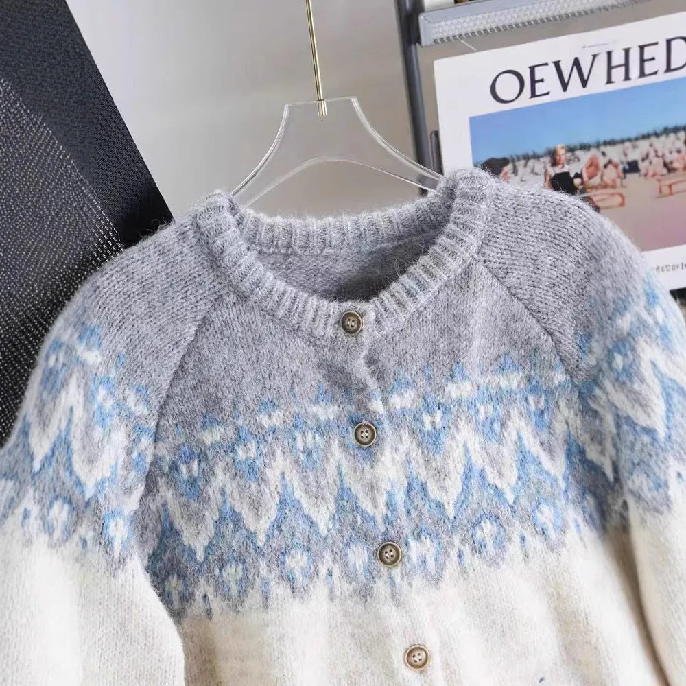 Women's loose-fit jacquard knit sweater coat in milky white, brown, or navy blue.