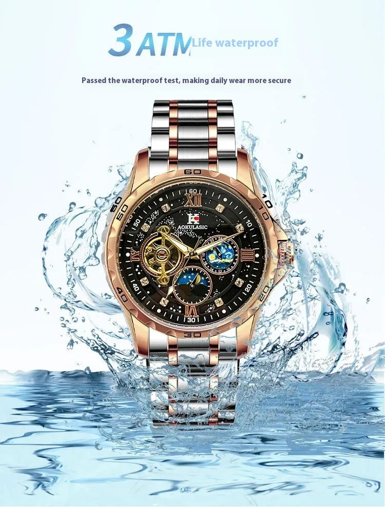 Automatic mechanical men's watch with rose gold shell, black surface, and large multifunctional dial