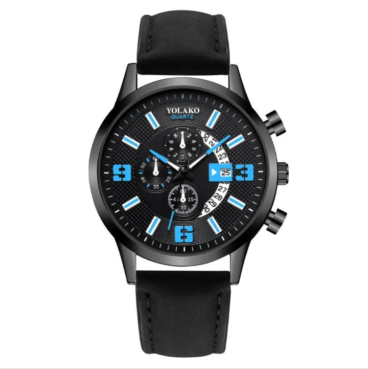 Fashion big digital calendar men's watch with leather strap and round alloy case