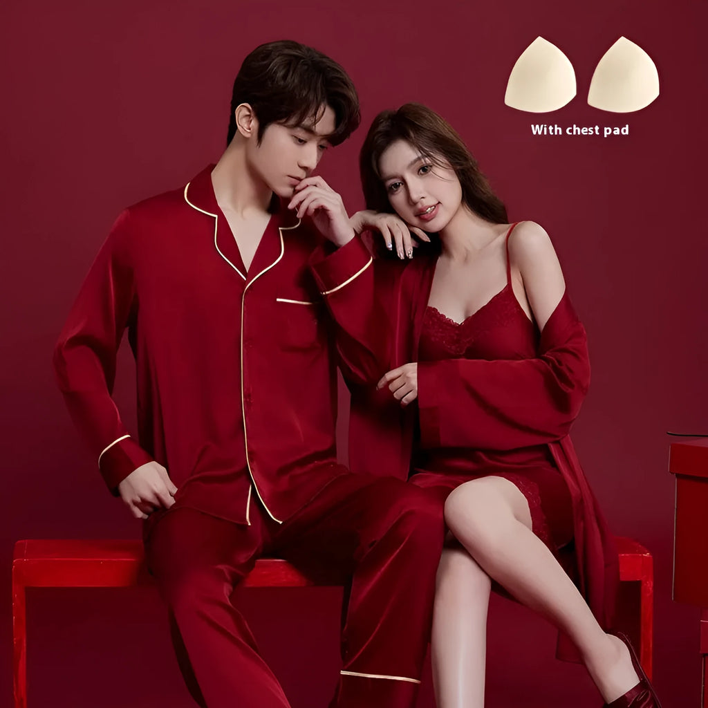 Red polyester sleepwear set for men and women with long sleeves and trousers