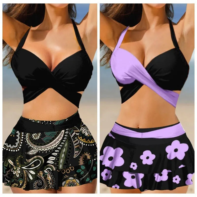 Women's purple bikini with matching skirt showing lace-up back design and high-waisted briefs