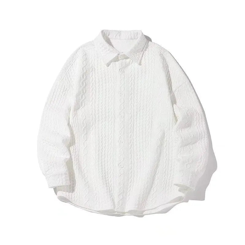 Embossed men's shirt coat in cotton blend with loose lapels, long sleeves, available in white and black