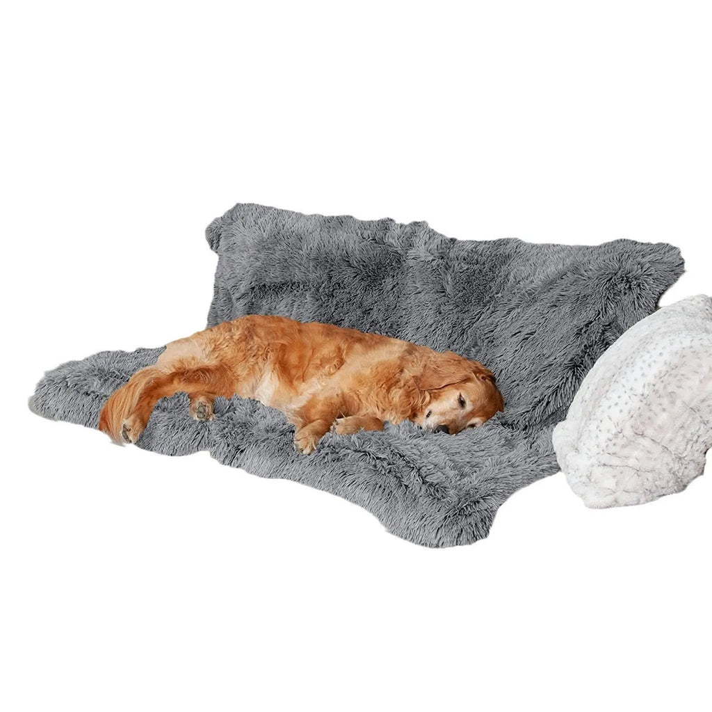 Plush waterproof dog cushion with a washable cloth cover in dark grey, shown in L size 100x150cm.