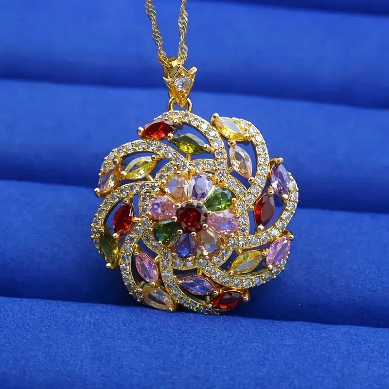 Colour zircon pendant necklace with gold plated copper flower shape and spiral design