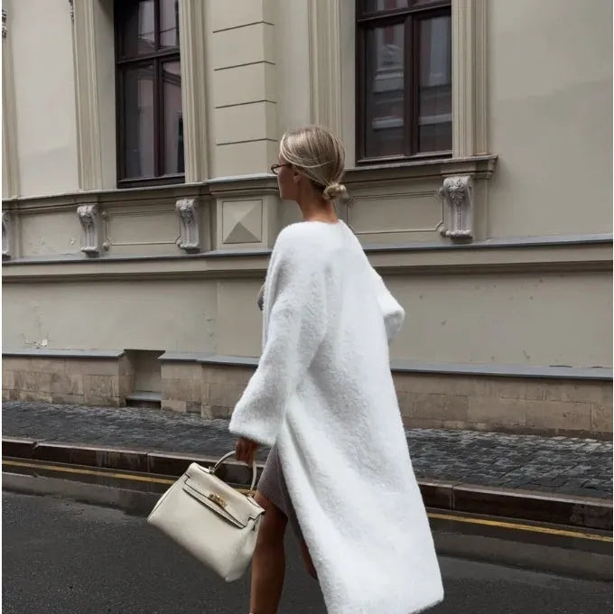 White women's knitted cardigan jacket with long sleeves and 105cm length